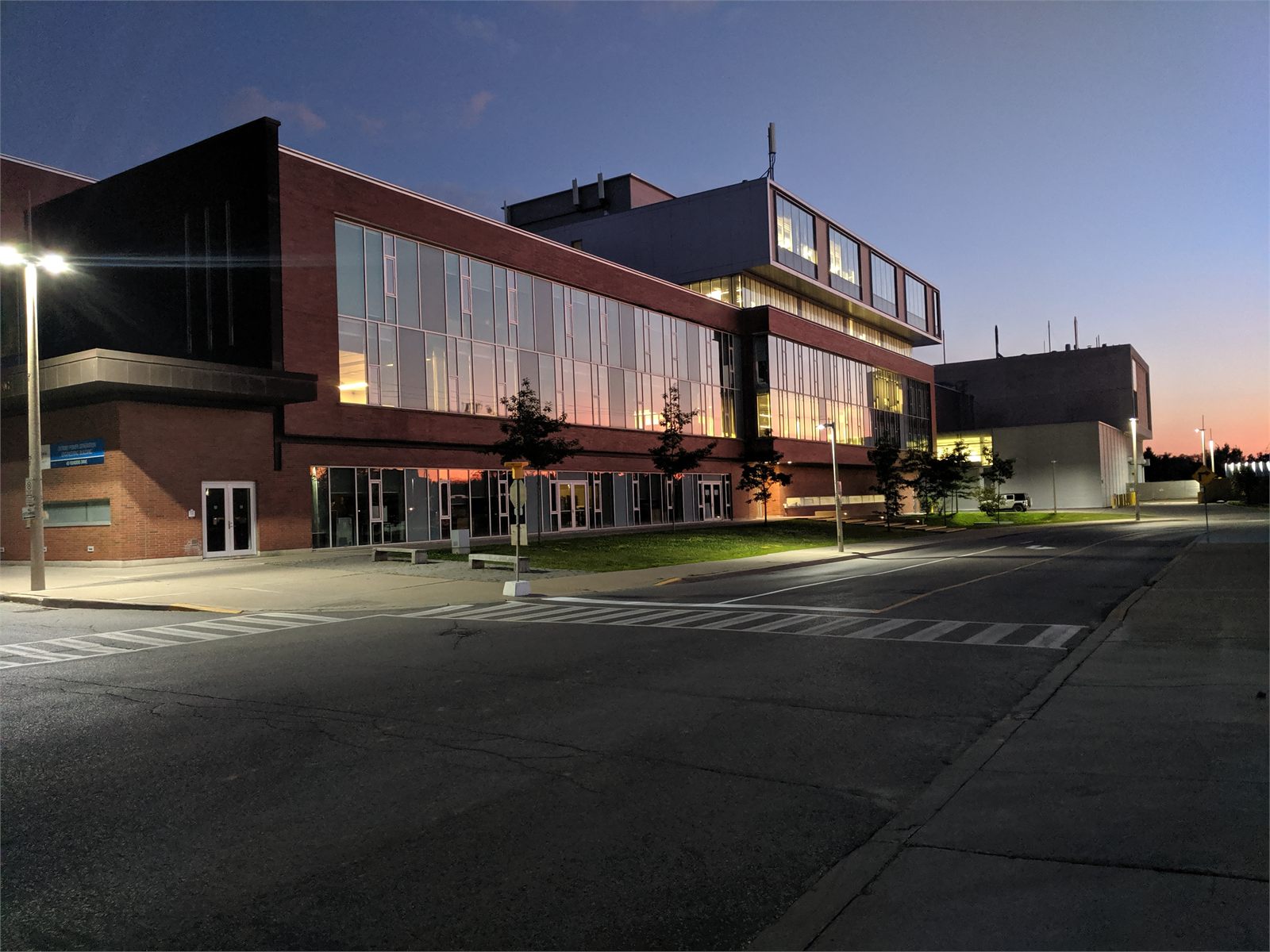 The Ontario Tech University engineering building at dusk